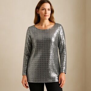 Chico's Silver Sequin‎ Houndstooth Shimmer Top 1 M Holiday Party Sparkle Tunic